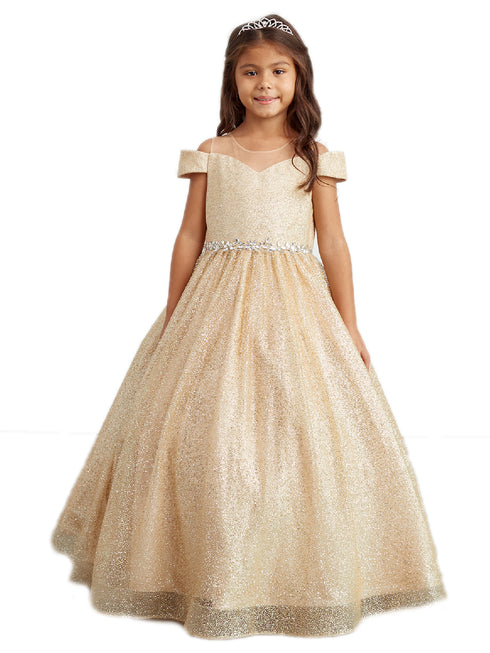 Little Girls Gold Illusion Neckline Off Shoulder Pageant Dress 2-6 - SophiasStyle.com